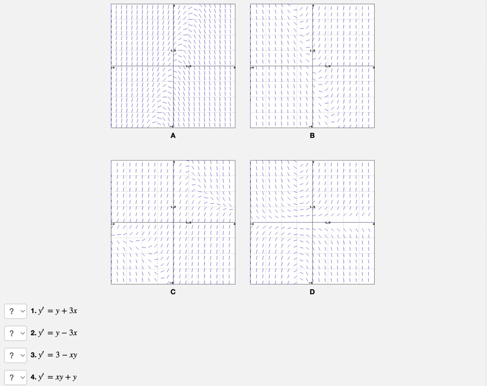 \( y^{\prime}=y+3 x \) \( y^{\prime}=y-3 x \) \( y^{\prime}=3-x y \) \( y^{\prime}=x y+y \)