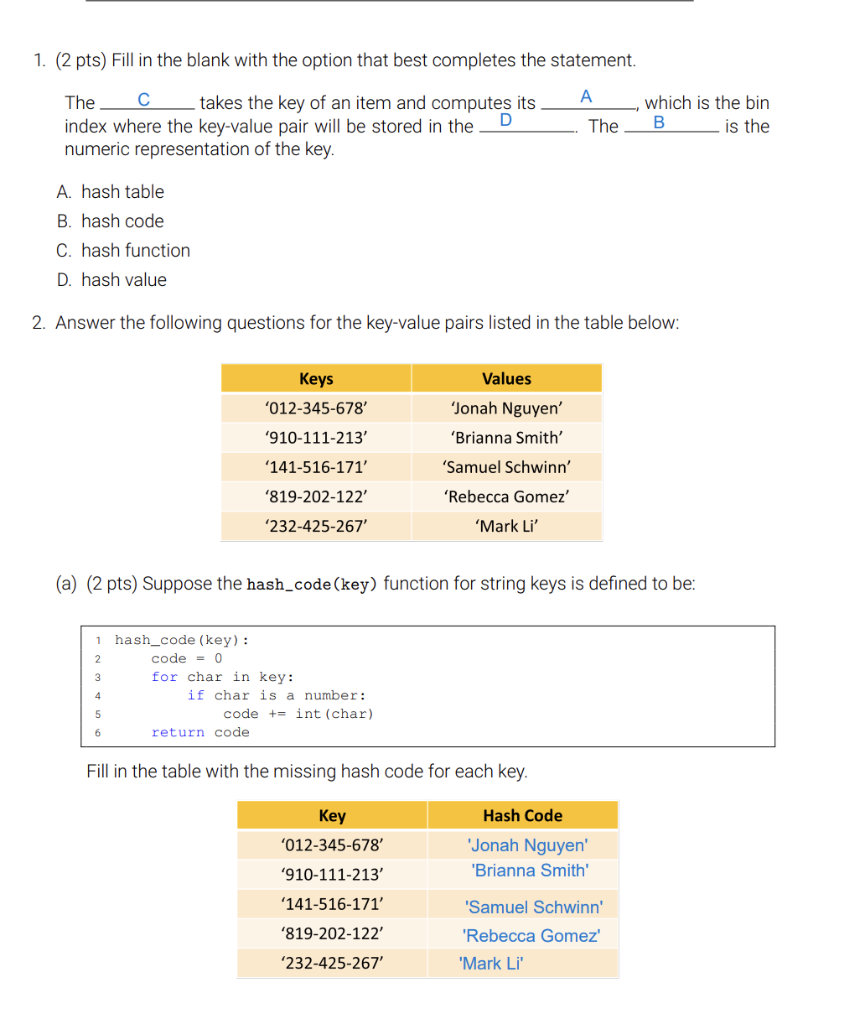 Solved 1. (2 pts) Fill in the blank with the option that | Chegg.com