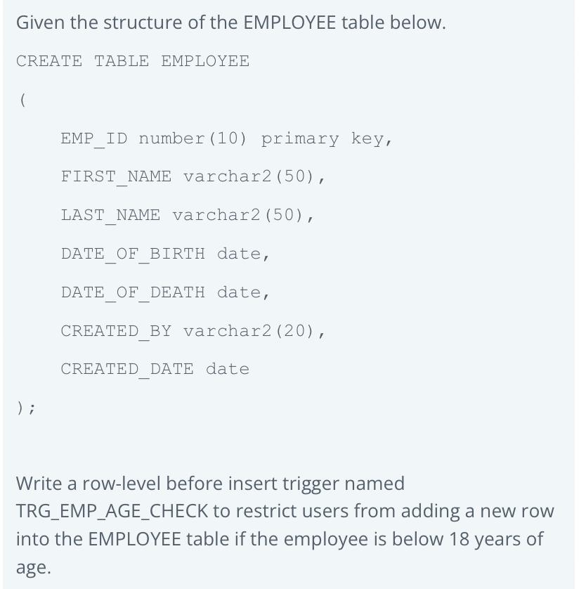 Solved Given the structure of the EMPLOYEE table below. | Chegg.com