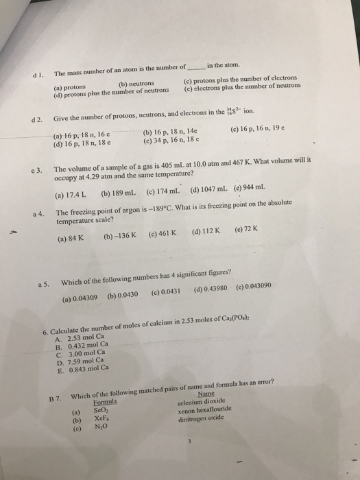Solved d I. The mass number of an atom is the number of in | Chegg.com