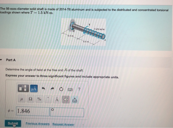 Solved The 56-mm-diameter solid shaft is made of 2014-T6 | Chegg.com