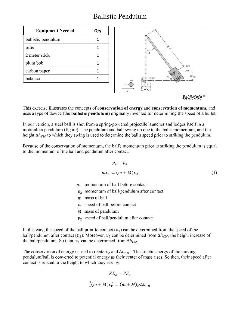 Ballistic Pendulum Qty Equipment Needed Ballistic 