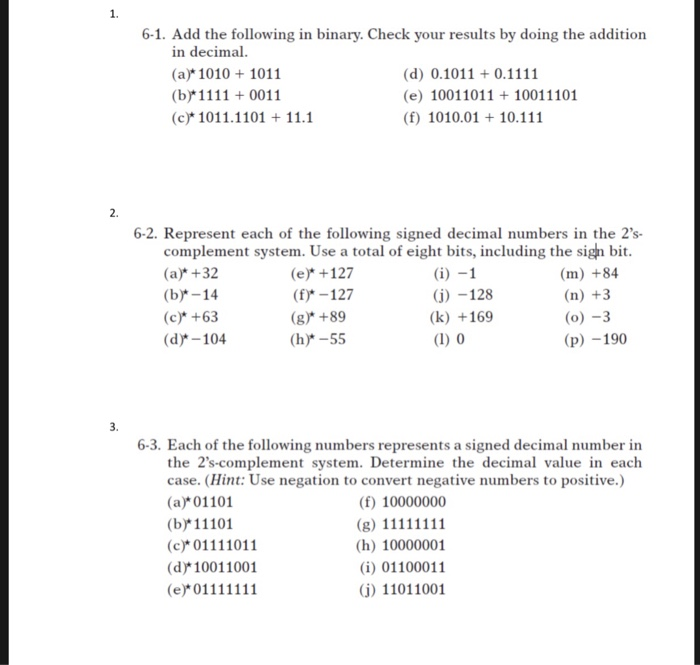 Solved 6-1. Add the following in binary. Check your results | Chegg.com