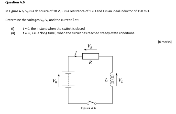 Solved Question A.6 In Figure A.6, V. is a dc source of 20 | Chegg.com