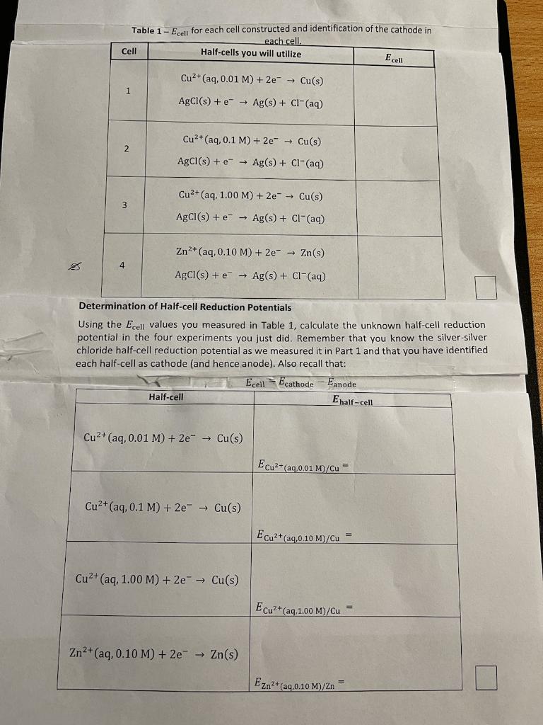 Solved Table 1 - Ecall for each cell constructed and | Chegg.com