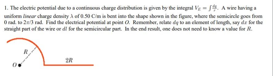 Solved 1. The electric potential due to a continuous charge | Chegg.com