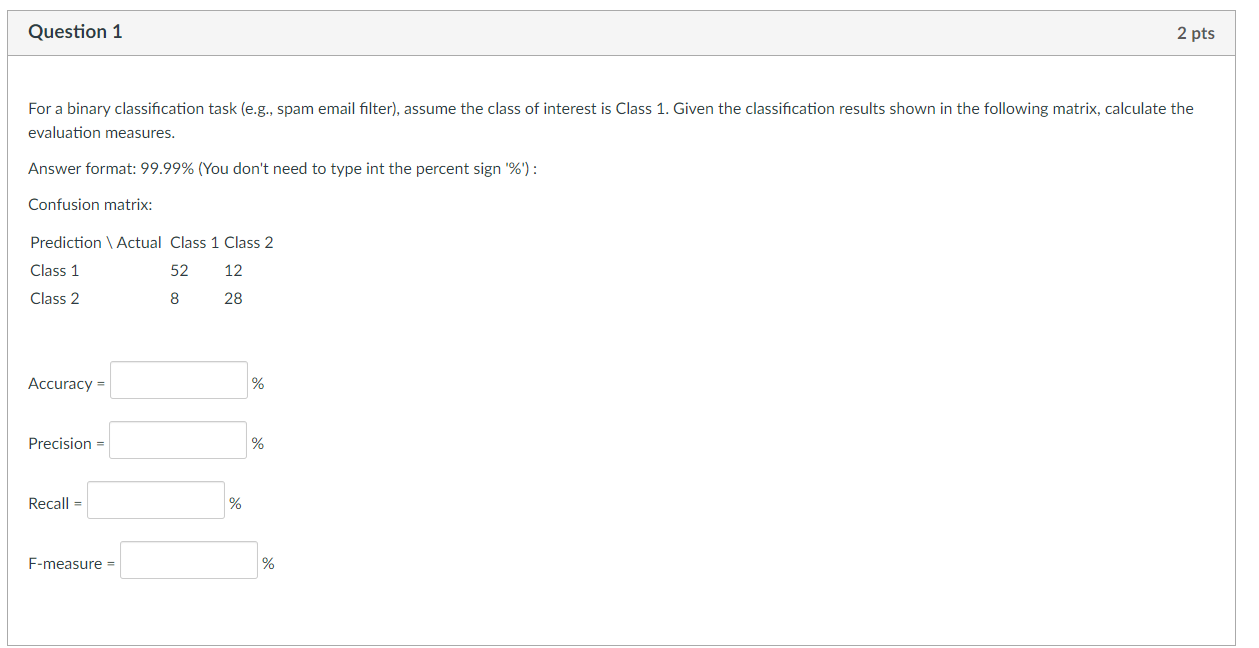 Solved Question 1 2 pts For a binary classification task | Chegg.com