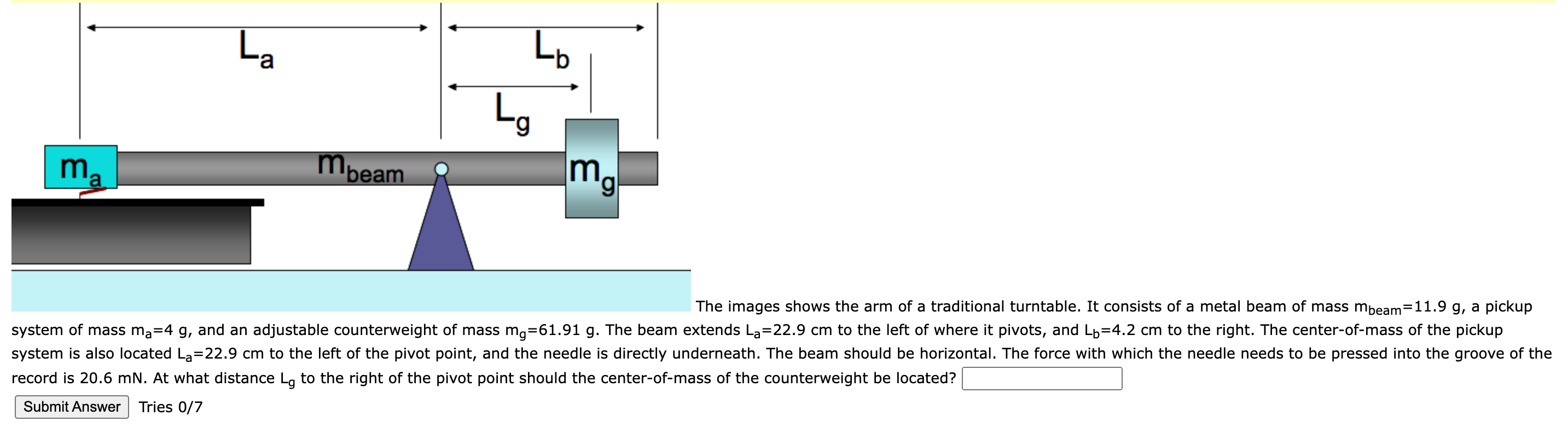 The images shows the arm of a traditional turntable. It consists of a metal beam of mass \( \mathrm{m}_{\text {beam }}=11.9 \