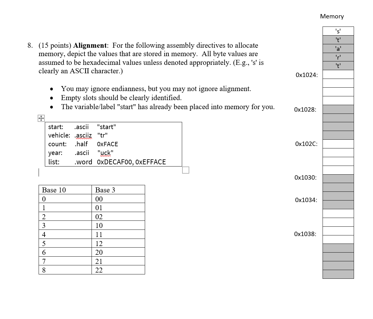 Solved Memory 8. (15 points) Alignment: For the following | Chegg.com