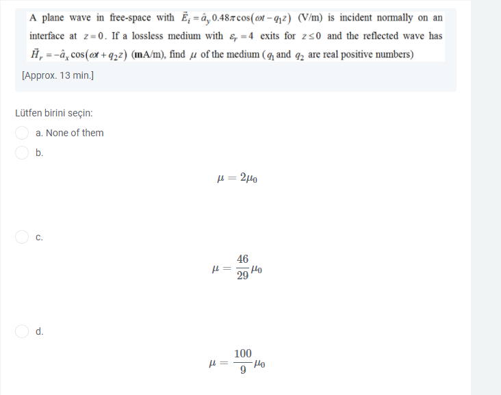 Solved A Plane Wave In Free Space With E A 0 487 Cos O Chegg Com