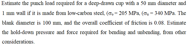 Solved Estimate the punch load required for a deep-drawn cup | Chegg.com