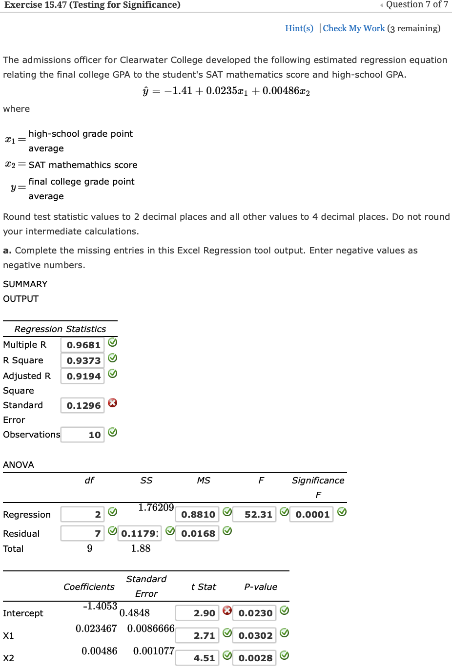 Solved Exercise 15.47 (Testing for Significance) Question 7 | Chegg.com