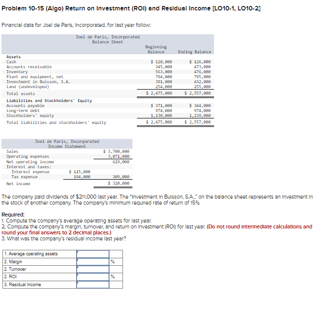 Solved Problem 10-15 (Algo) Return on Investment (ROI) and | Chegg.com