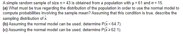 Solved A simple random sample of size n=43 is obtained from | Chegg.com