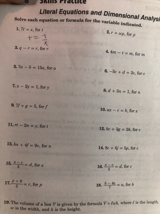 Solved Literal Equations And Dimensional Analysi Solve Each Chegg