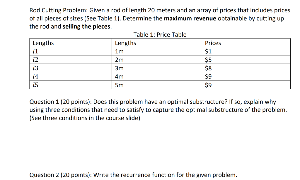 Solved Rod Cutting Problem Given a rod of length 20 meters