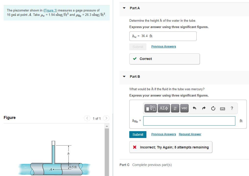 Solved Part A The piezometer shown in (Figure 1) measures a | Chegg.com