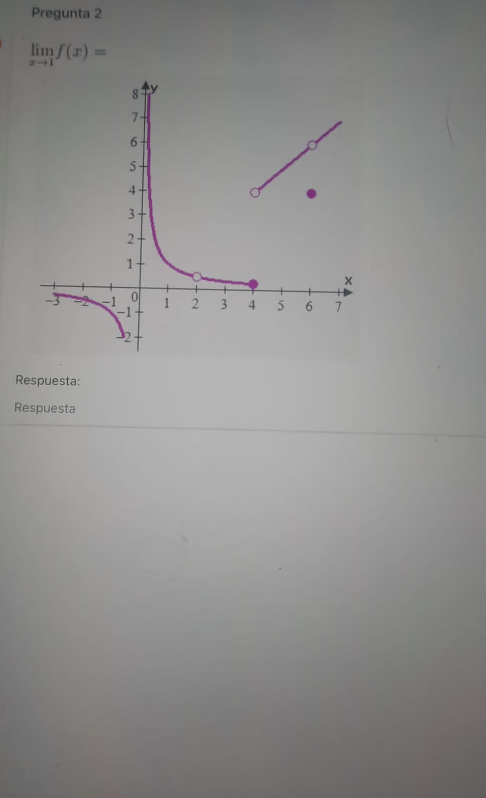 Pregunta 2 \[ \lim _{x \rightarrow 1} f(x)= \] Respuesta: Respuesta