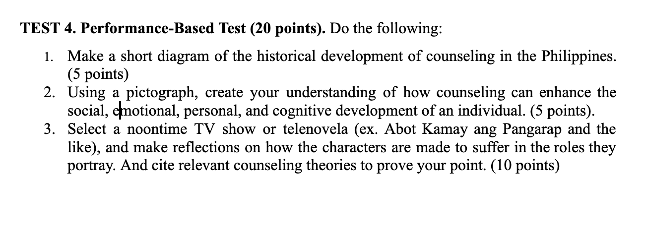 Solved TEST 4. Performance-Based Test ( 20 points). Do the | Chegg.com
