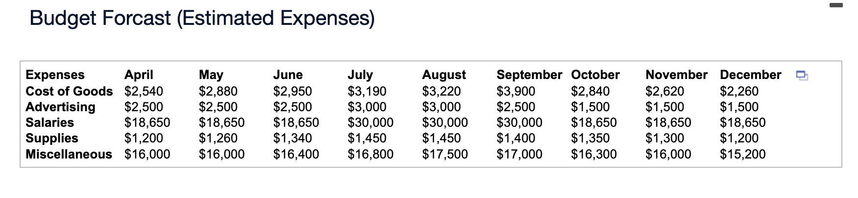 Budget Forcast (Estimated Expenses)