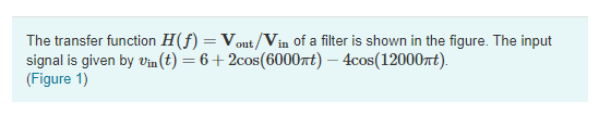 Solved The transfer function H(f) = Vout/Vin of a filter is | Chegg.com