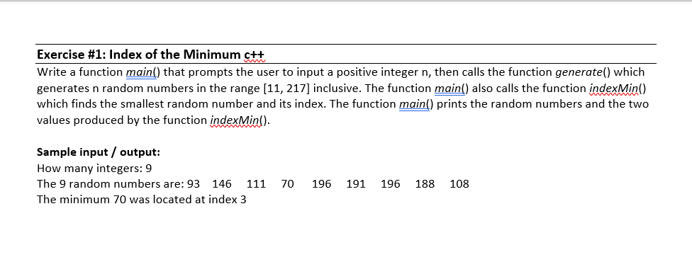 Solved Exercise #1: Index of the Minimum c++ Write a | Chegg.com