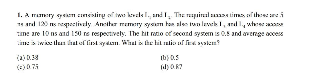 Solved 1. A memory system consisting of two levels L, and | Chegg.com