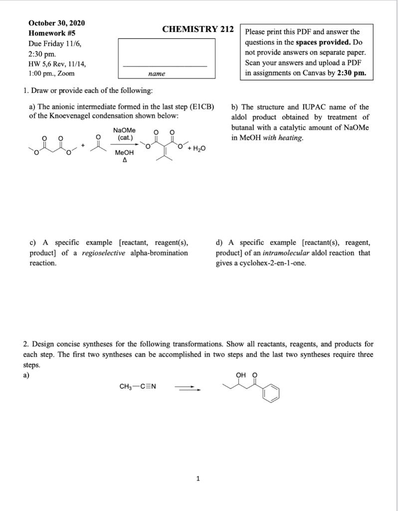 Solved CHEMISTRY 212 October 30, 2020 Homework #5 Due Friday | Chegg.com