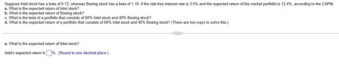 Solved Suppose Intel Stock Has A Beta Of 0.72 , Whereas | Chegg.com