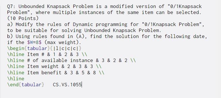Solved 07: Unbounded Knapsack Problem is a modified version | Chegg.com