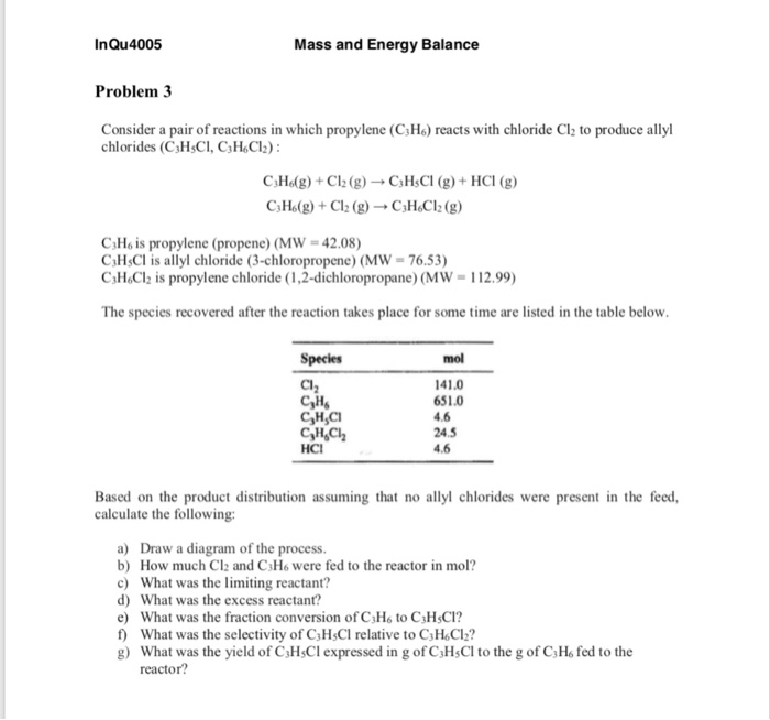 Solved InQu4005 Mass and Energy Balance Problem 3 Consider a | Chegg.com