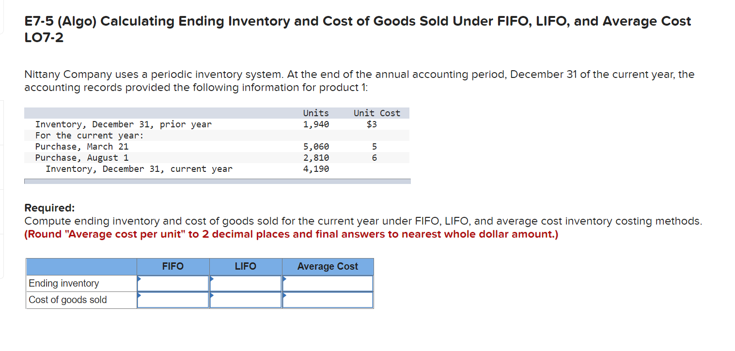 Solved E7-5 (Algo) Calculating Ending Inventory and Cost of | Chegg.com