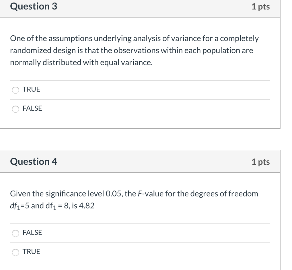 Question 3 1 pts One of the assumptions underlying analysis of variance for a completely randomized design is that the observ