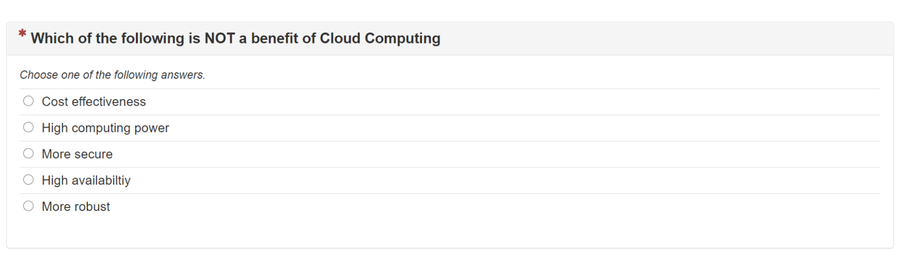 Solved Which of the following is NOT a benefit of Cloud | Chegg.com