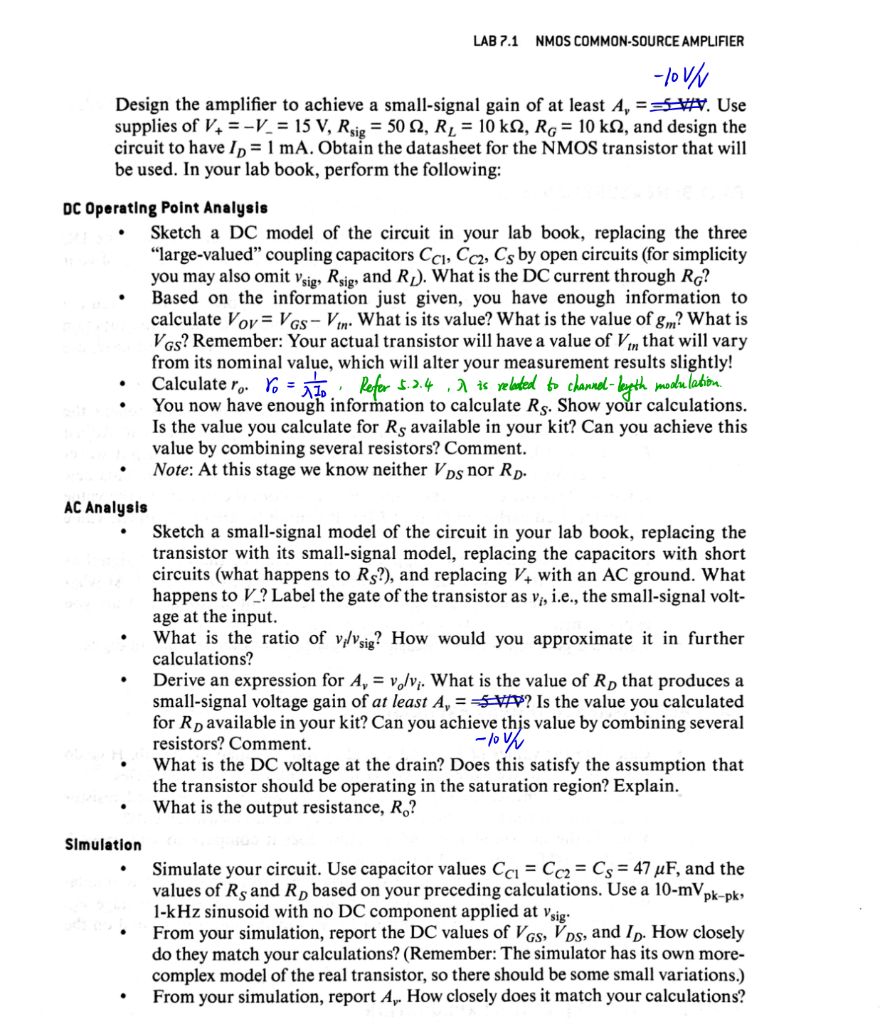 LAB 7.1 NMOS Common-Source Amplifier (See Section | Chegg.com