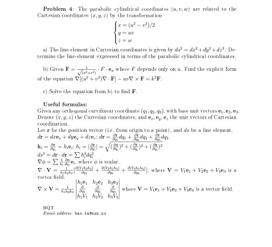 Solved Problem 4 The parabolic cylindrical coordinates , , | Chegg.com