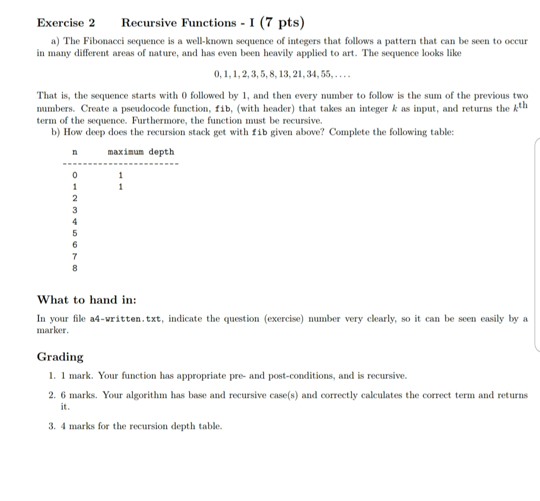 Exercise 2 Recursive Functions - I (7 pts) a) The | Chegg.com