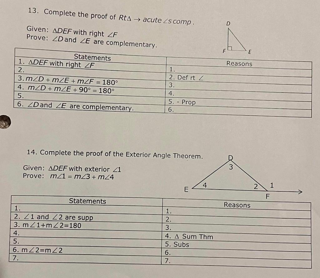 Solved 13. Complete the proof of Rt → acute ∠ s comp. | Chegg.com