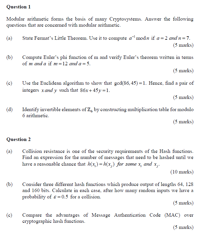 Solved Modular arithmetic forms the basis of many | Chegg.com