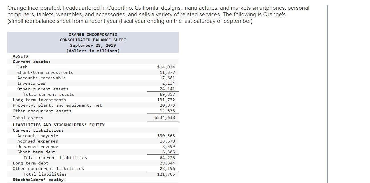 Solved Orange Incorporated, headquartered in Cupertino, | Chegg.com