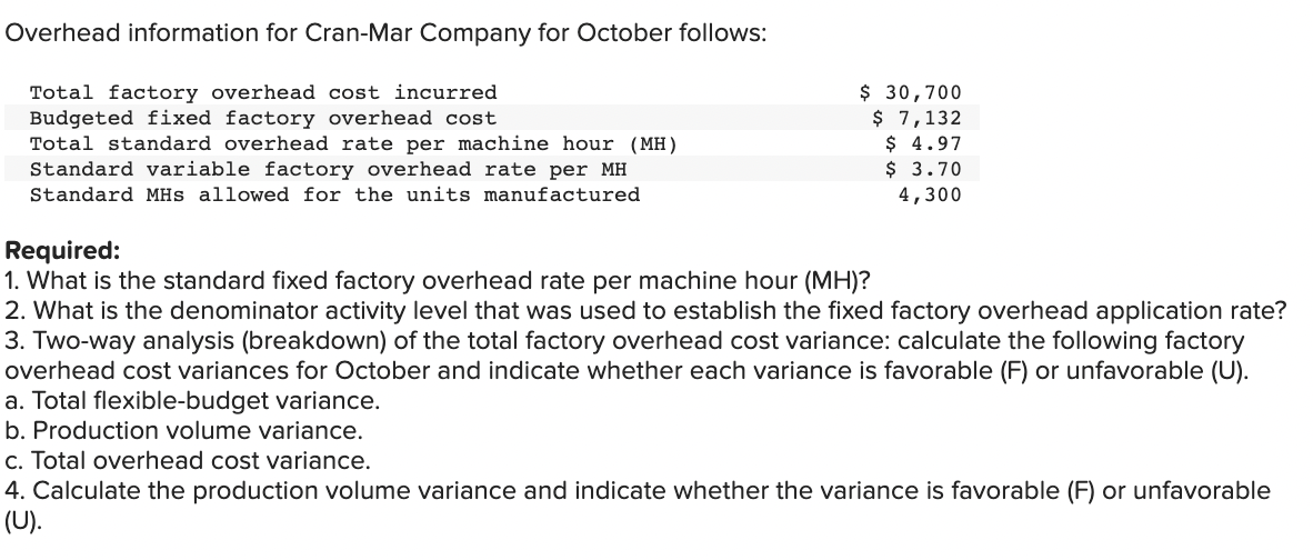 Solved Overhead Information For Cran-Mar Company For October | Chegg.com