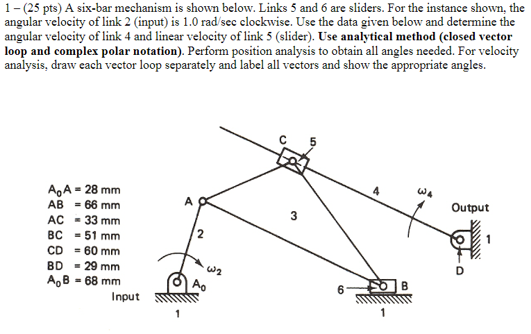 Solved 1−(25pts) A six-bar mechanism is shown below. Links 5 | Chegg.com
