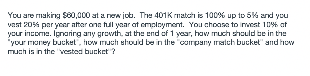 Solved You are making $60,000 at a new job. The 401K match | Chegg.com