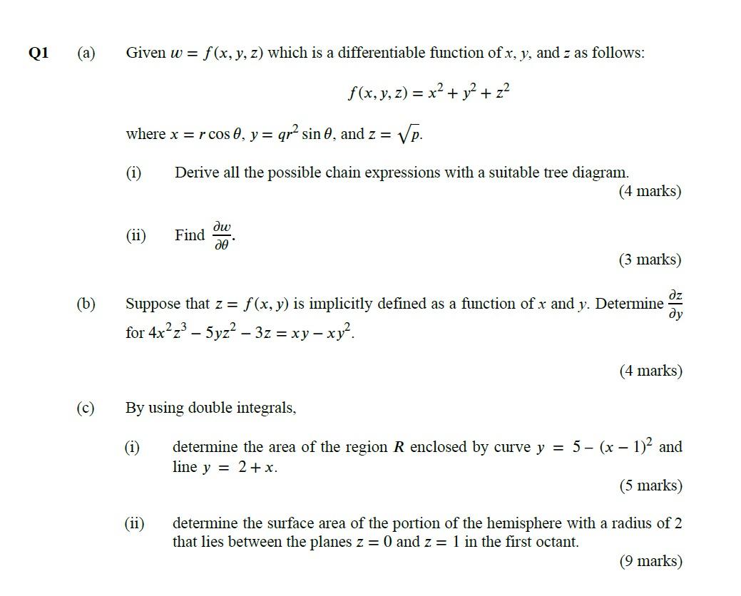 Solved (a) Given w=f(x,y,z) which is a differentiable | Chegg.com