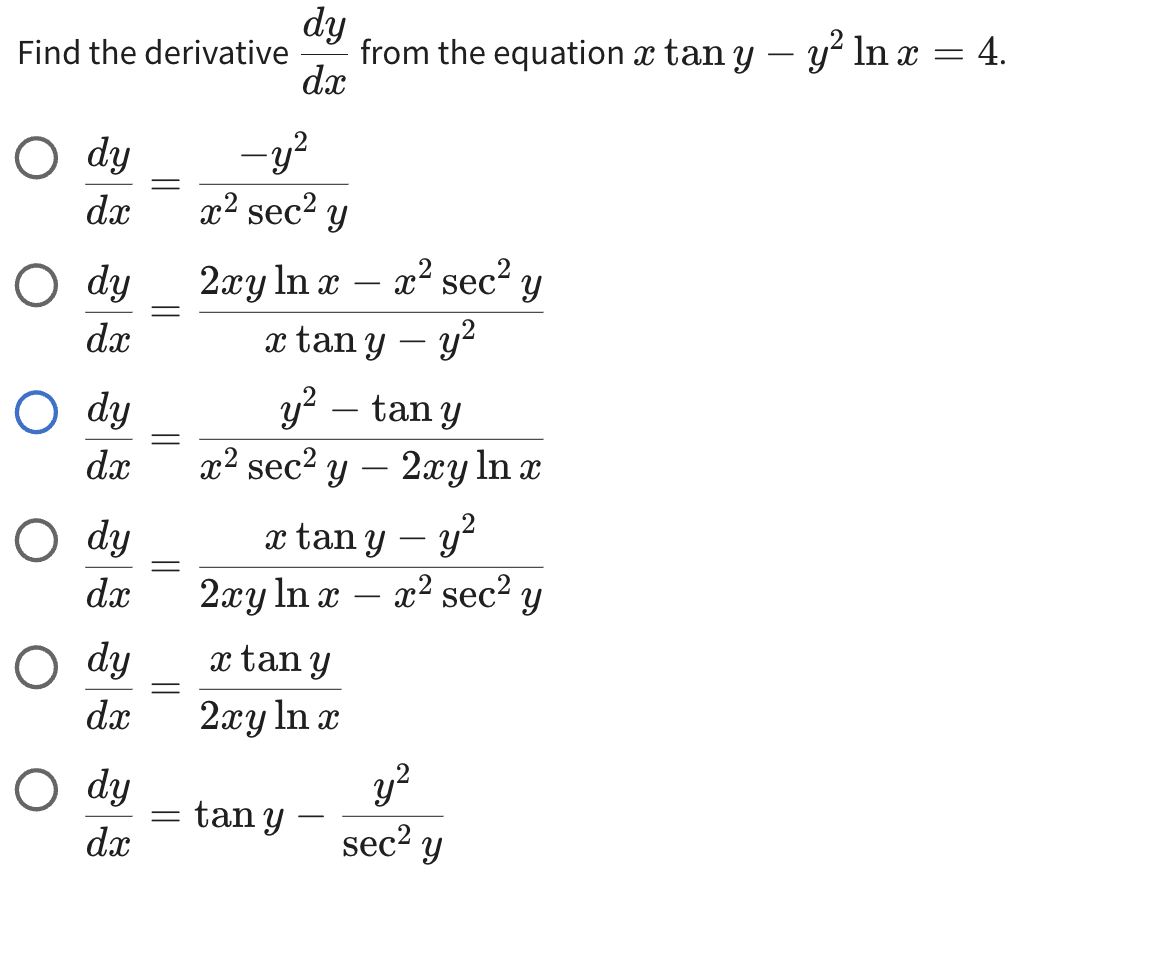 Find the derivative \( \frac{d y}{d x} \) from the equation \( x \tan y-y^{2} \ln x=4 \). \[ \begin{aligned} \frac{d y}{d x}