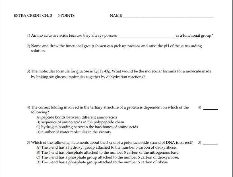 Solved EXTRA CREDIT CH. 3 5 POINTS NAME I) Amino acids are | Chegg.com