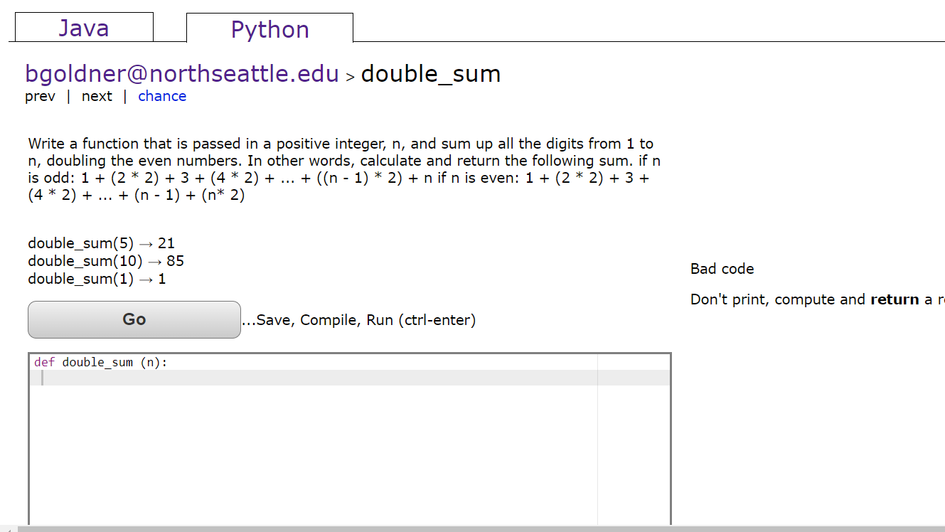 Solved Java Python bgoldner@northseattle.edu > double_sum | Chegg.com