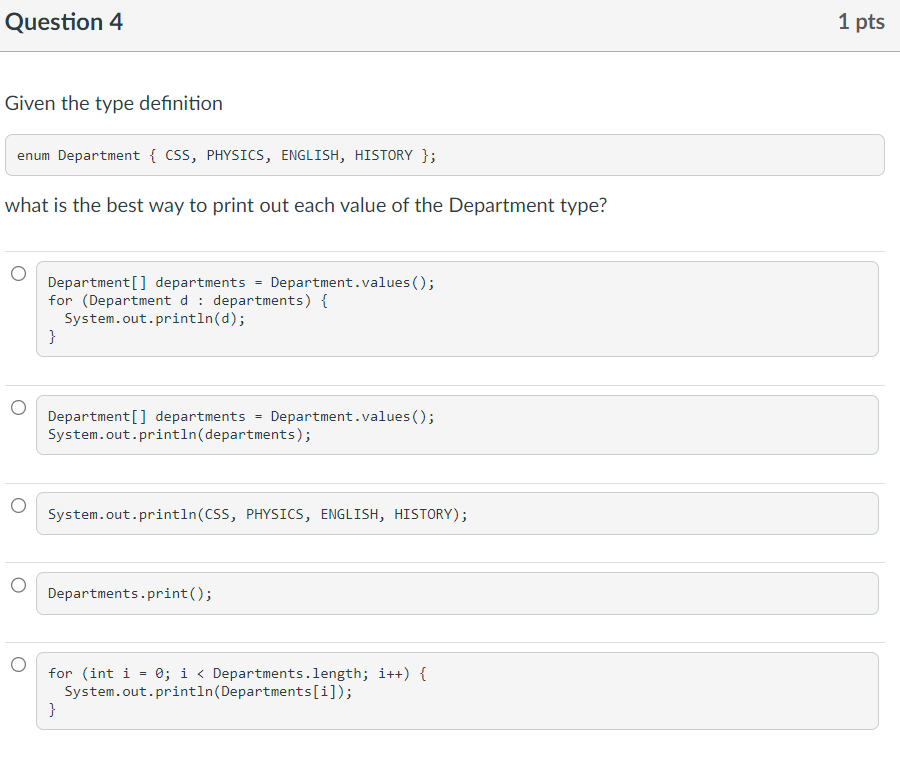 Solved Question 4 1 pts Given the type definition enum | Chegg.com
