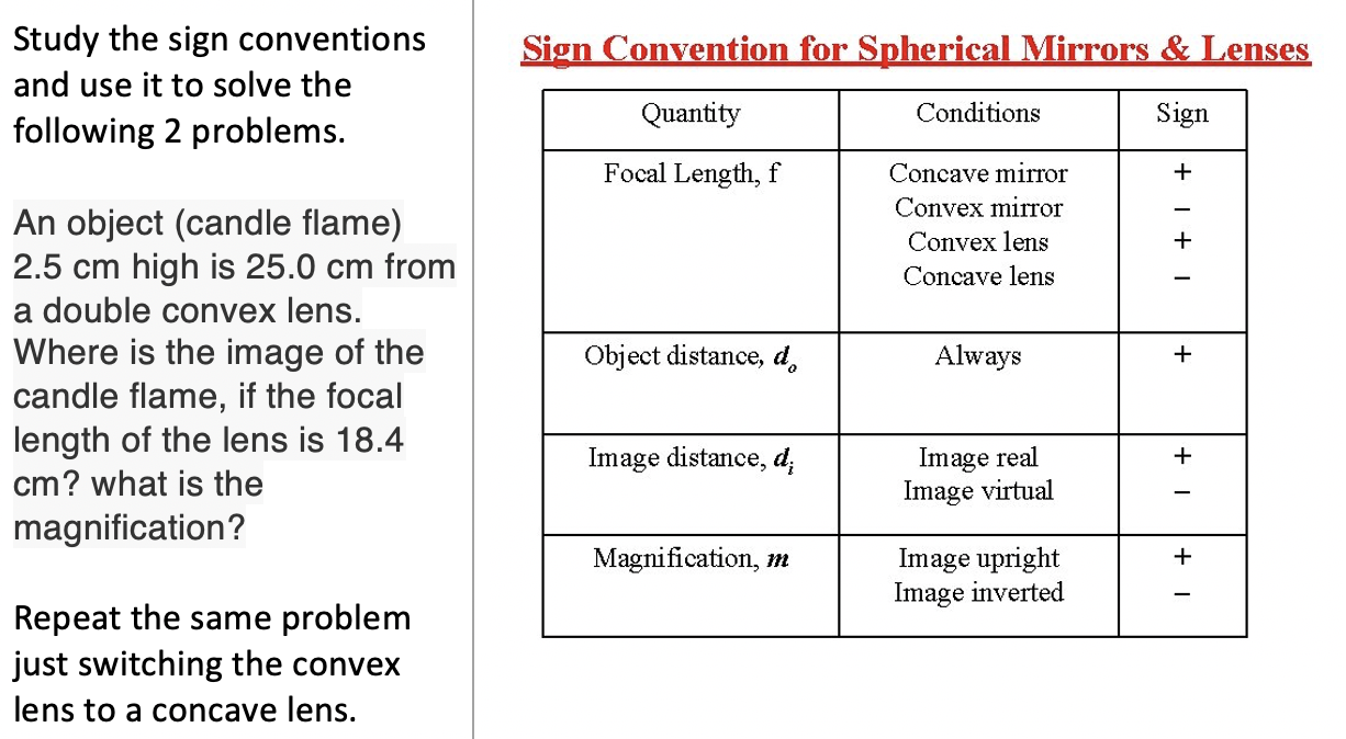 Solved Sign Convention for Spherical Mirrors & Lenses Study