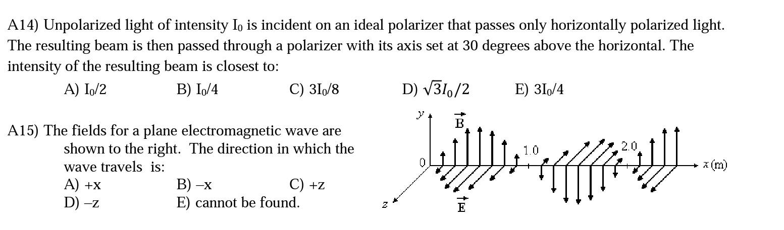 Solved A14) Unpolarized light of intensity I0 is incident on | Chegg.com